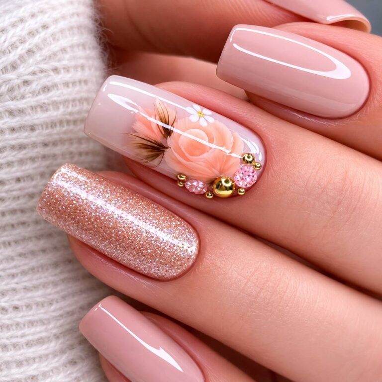 Beige Glitter Flower Press-On Nails
