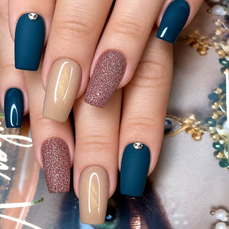 Dark Blue Gold Sugar Dust Press-On Nails