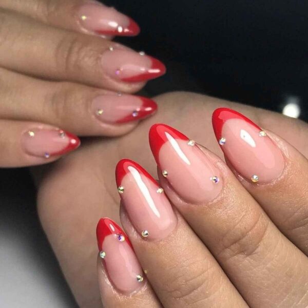 Beige Red Stone French Tip Press-On Nails
